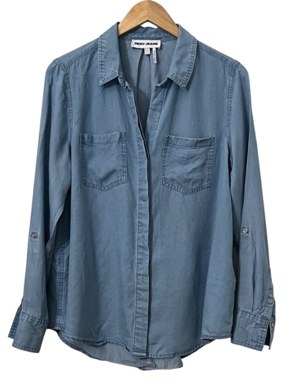 DKNY Jeans Tencel Chambray Button Up Shirt Womens L Blue Denim Lyocell Top